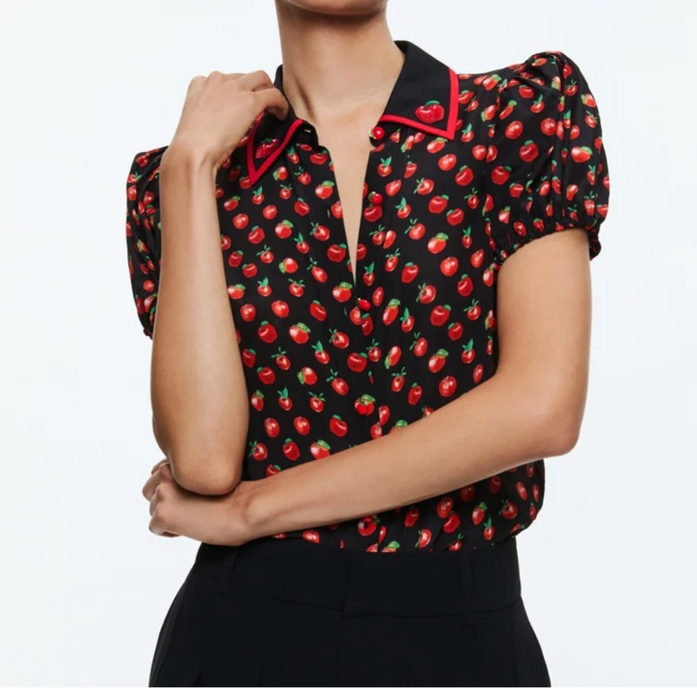 Alice + Olivia Black Top with Red Apple Pattern